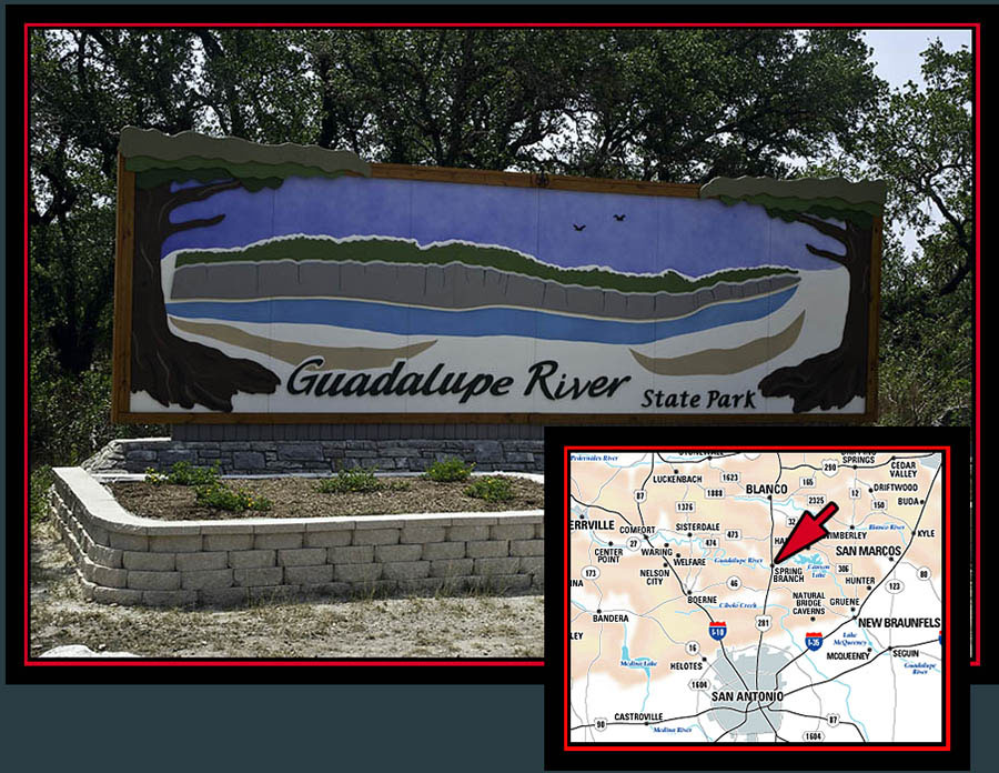 Entrance to Guadalupe River State Park & Location Map