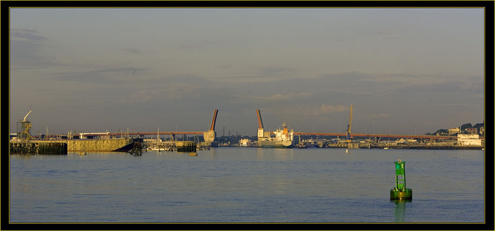 Casco Bay Bridge, Drawbridge Raised to Maritime Traffic, Bathed in Early Morning Light