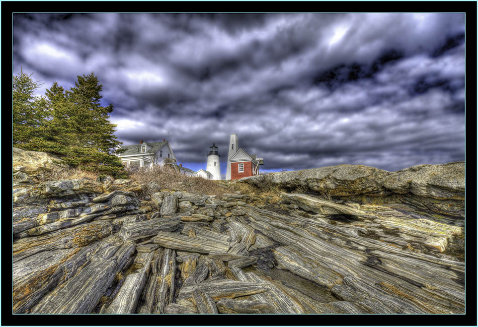 HDR View Light, Ledge and Buildings - Pemaquid Point - Bristol, Maine