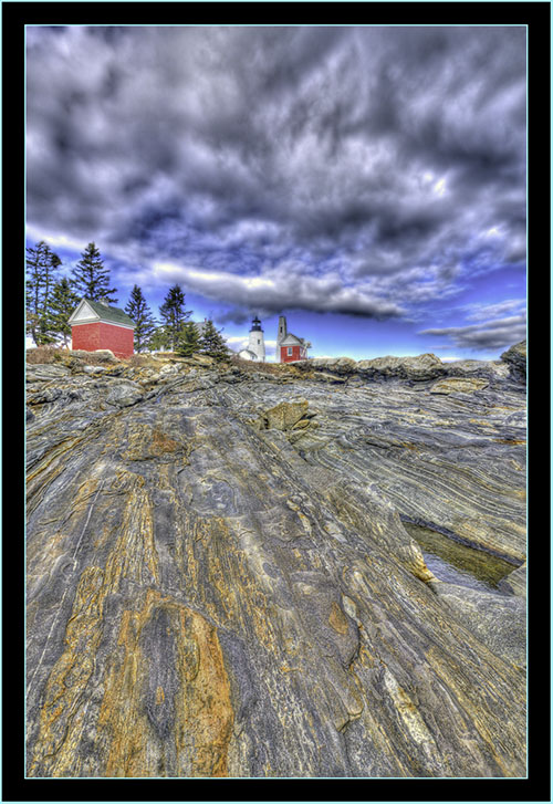 HDR View Light, Ledge and Buildings - Pemaquid Point - Bristol, Maine