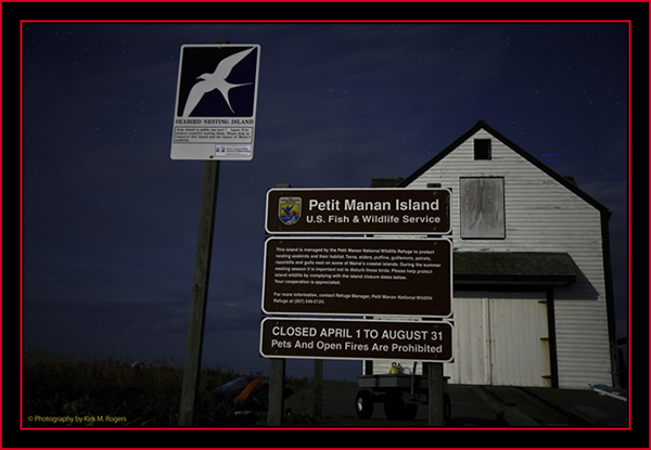 Sign & Boathouse by Moonlight - Petit Manan - Maine Coastal Islands National Wildlife Refuge